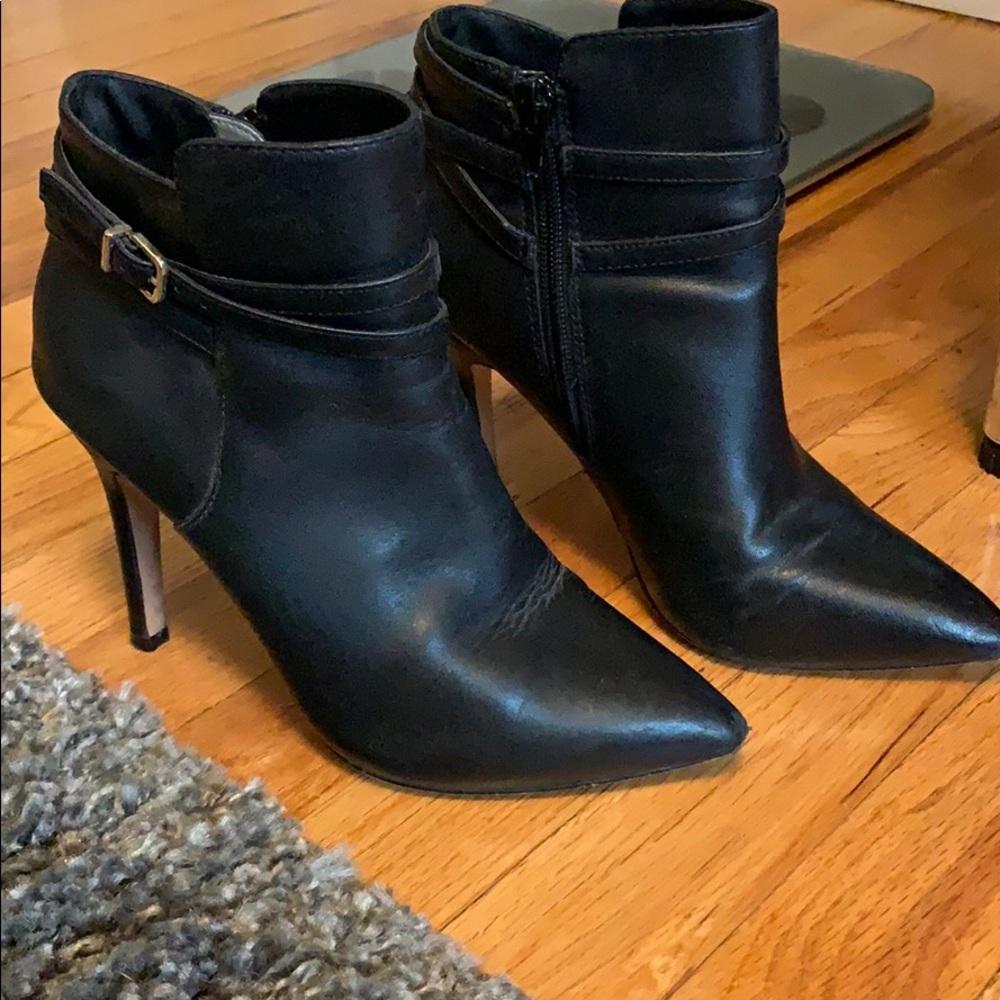 Black faux leather high heel booties